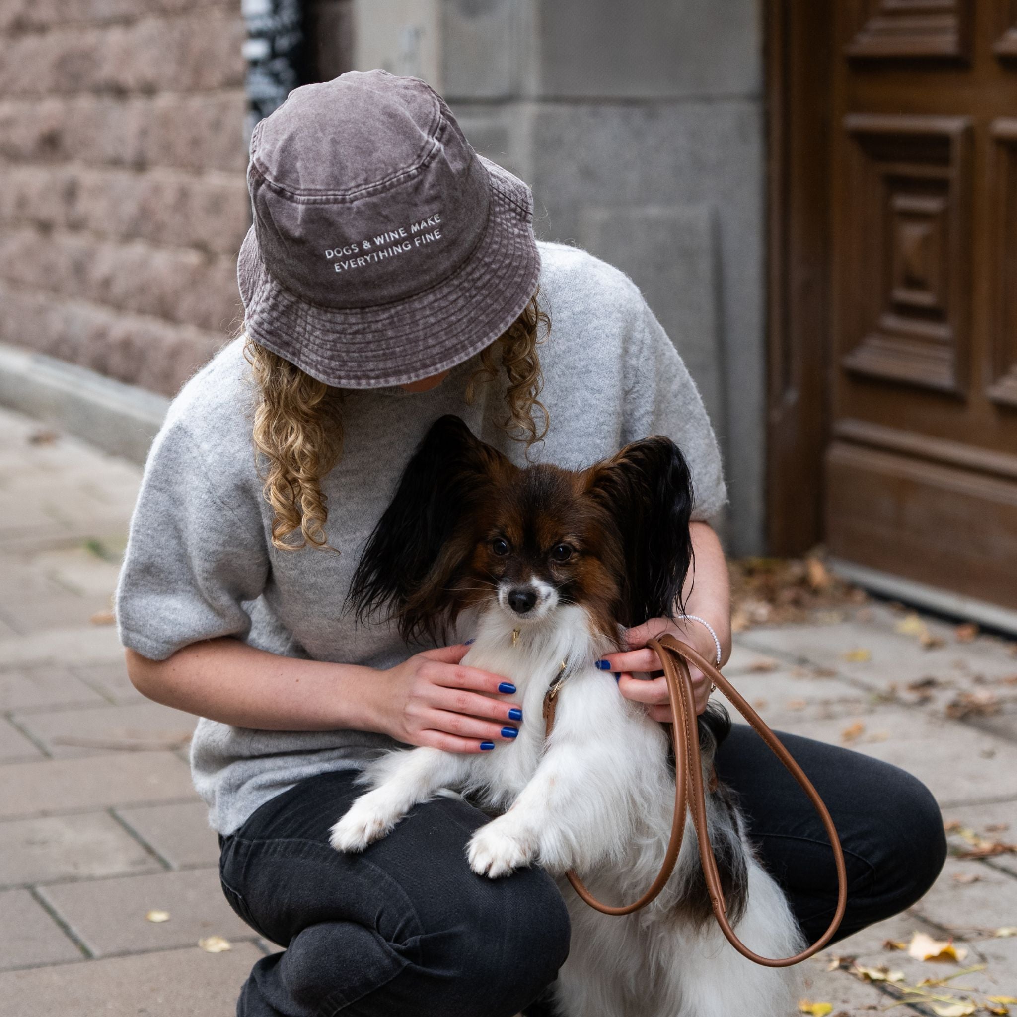 Brown Denim Bucket Hat - Dogs & Wine Make Everything Fine