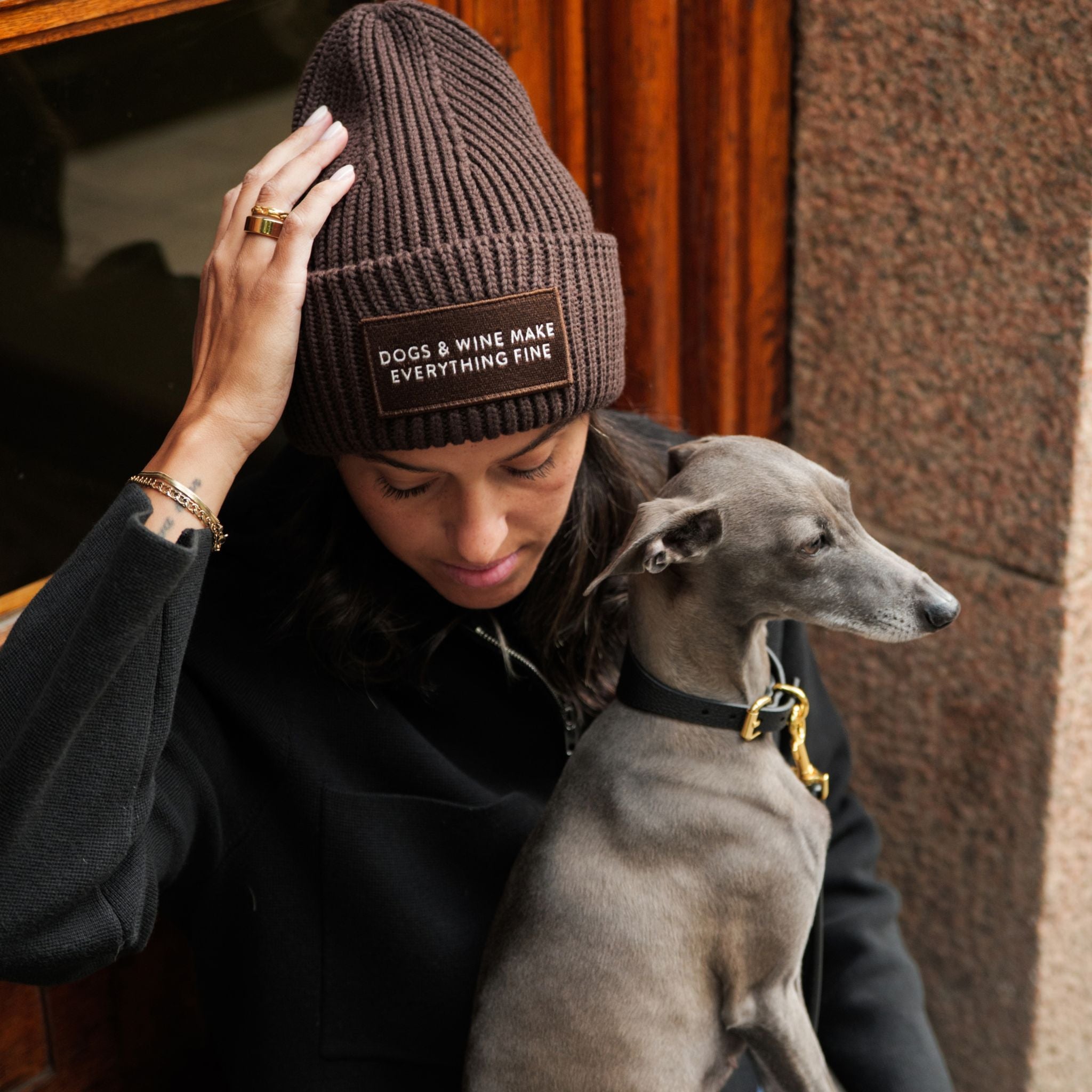 Dark Brown Wool Beanie - Dogs & Wine Make Everything Fine